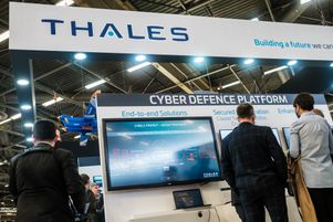 Stand de Thales pendant le salon Milipol 2021 au Bourget, le 21 octobre 2021 au Bourget.