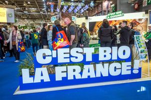 Stand de l’Agence Bio, au 61e Salon de l’agriculture, le 23 février 2025.