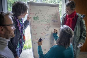 Des membres du Secours catholique participent à un atelier sur le climat à Lourdes.