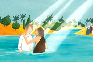 Jean baptise Jésus dans l'eau du Jourdain. © Simon Kroug