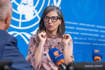 Francesca Albanese, Rapporteur spécial sur la situation des droits de l’homme lors d’une conférence de presse au siège européen des Nations Unies à Genève le 3 juillet 2025.
