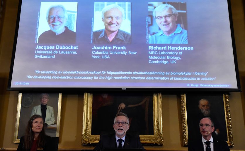 Le prix Nobel de chimie a été décerné mercredi 4 octobre au Suisse Jacques Dubochet, à l’Américain Joachim Frank et au Britannique Richard Henderson, les inventeurs de la cryomicroscopie électronique.