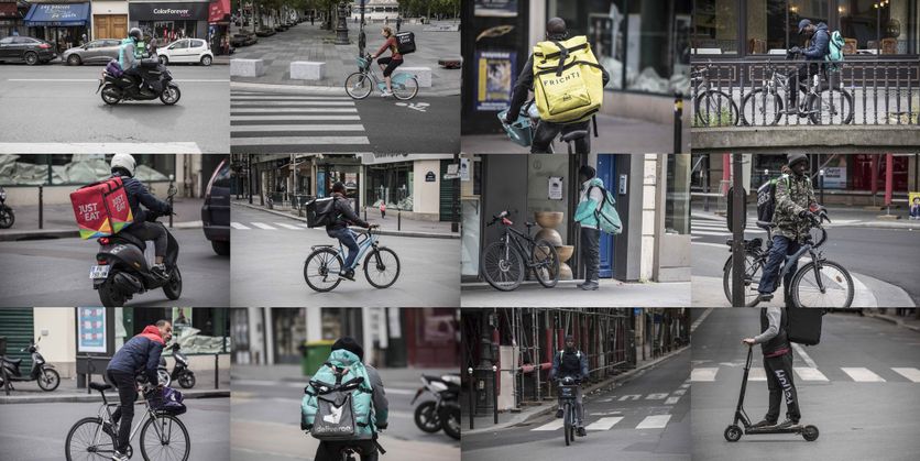 Des livreurs à vélo appartenant à différentes plateformes.