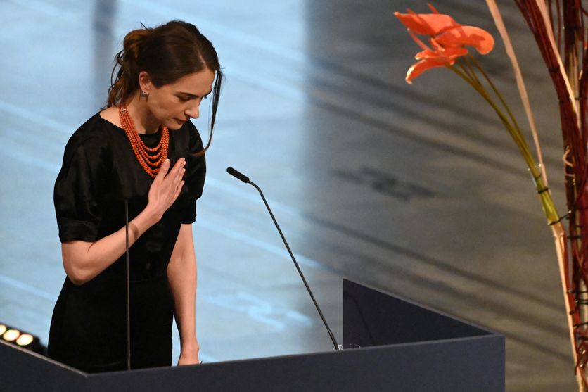 Oleksandra Matviïtchouk, Nobel de la paix 2022, durant son discours de remise de prix samedi 10 décembre à Oslo.