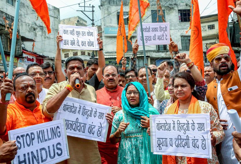 Une manifestation contre les violences présumées à l’encontre des minorités hindoues du Bangladesh, à Bhopal, le mardi 13 août 2024.